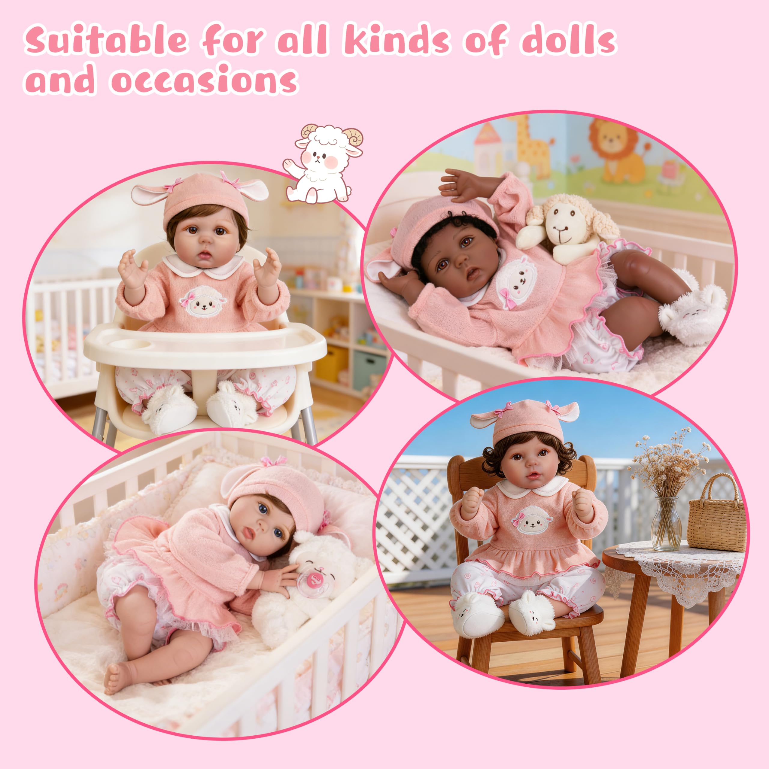 EKOKIZ 4-Piece Reborn Doll Outfit for 20-22 Inch Dolls - Pink Lamb & Bunny Theme with Hat, Top, Bloomers, Booties