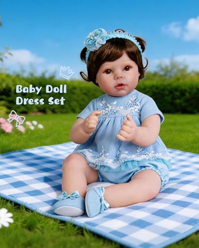 EKOKIZ Blue Baby Doll Clothes Set for 17-20 Inch Reborn Dolls - Includes Hairband, Dress, Shoes, and Gift Box