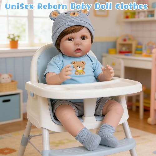 EKOKIZ Blue Bear Pattern Reborn Baby Doll Clothes Set for 20-22 Inch Dolls - Onesie, Hat, Shoes & Shorts
