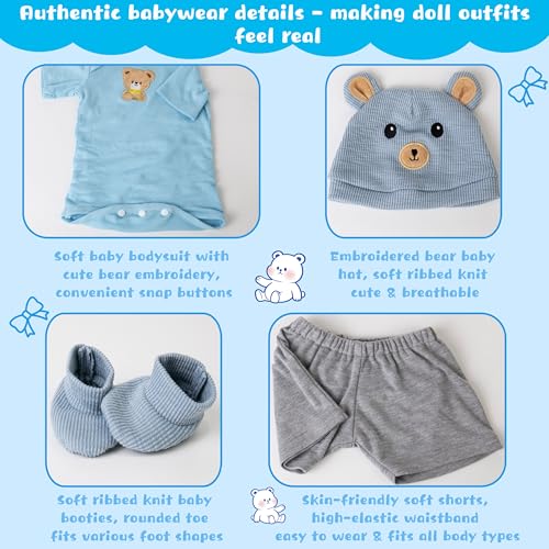 EKOKIZ Blue Bear Pattern Reborn Baby Doll Clothes Set for 20-22 Inch Dolls - Onesie, Hat, Shoes & Shorts
