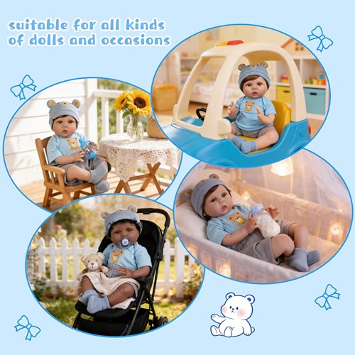 EKOKIZ Blue Bear Pattern Reborn Baby Doll Clothes Set for 20-22 Inch Dolls - Onesie, Hat, Shoes & Shorts