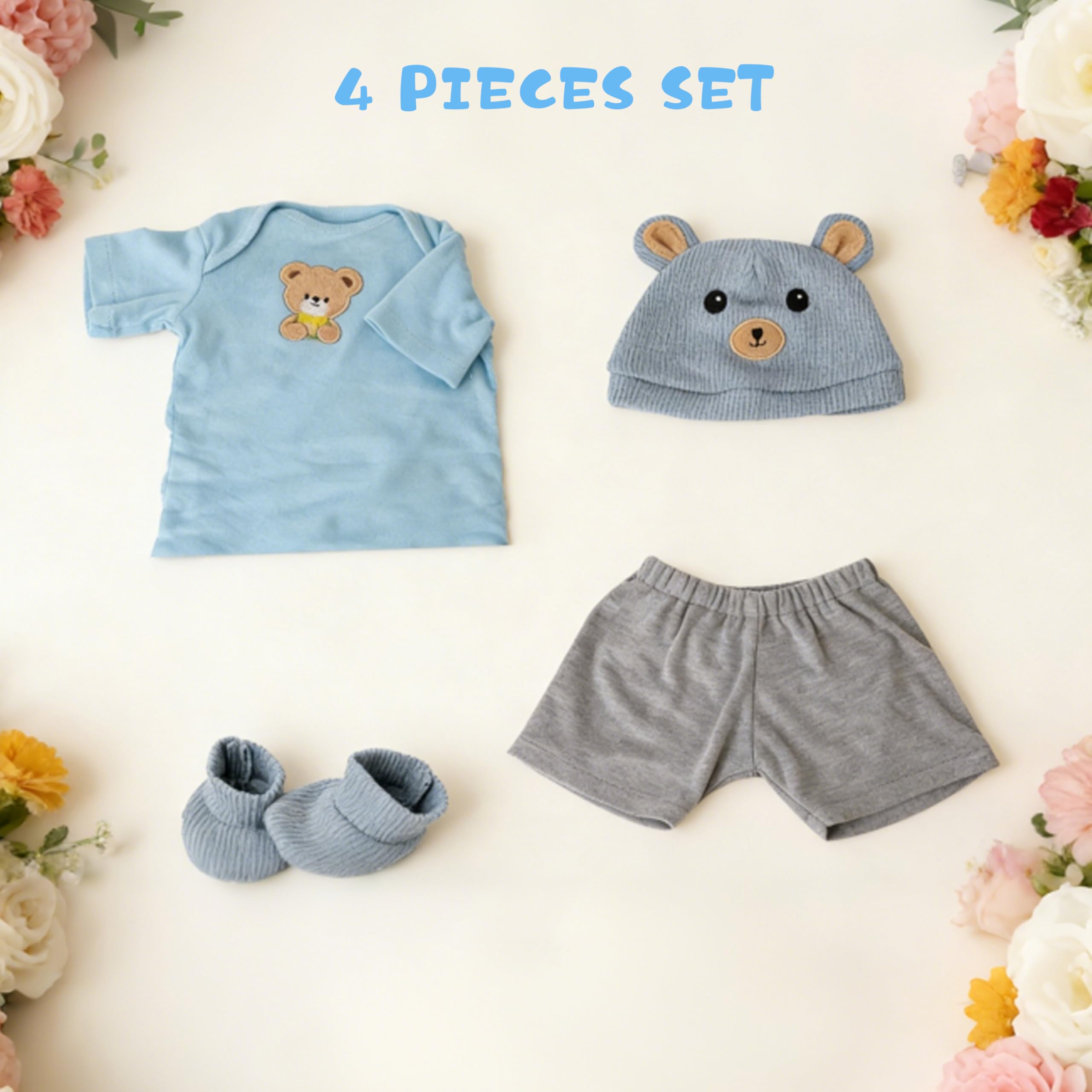 EKOKIZ Blue Bear Pattern Reborn Baby Doll Clothes Set for 20-22 Inch Dolls - Onesie, Hat, Shoes & Shorts