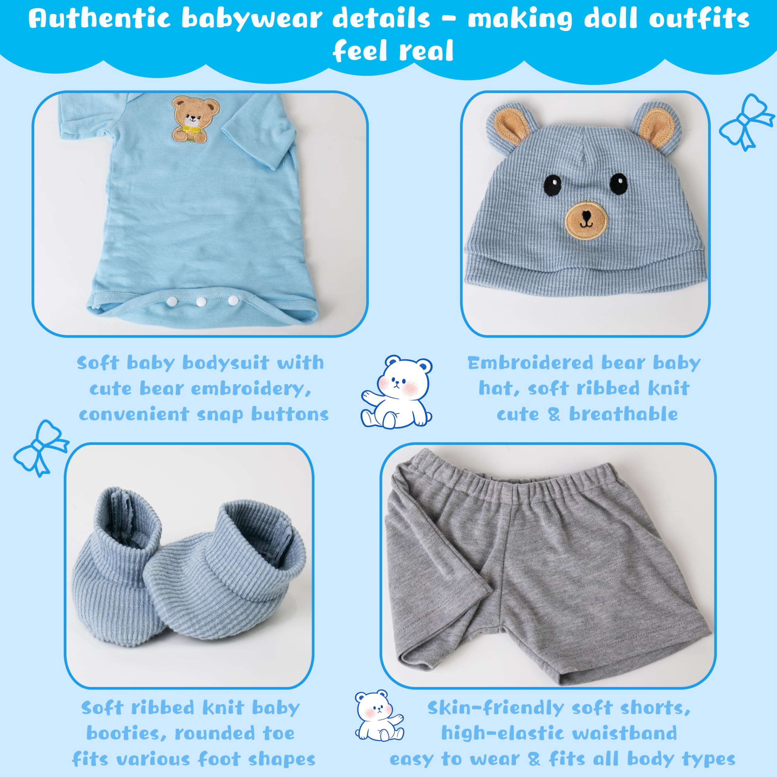 EKOKIZ Blue Bear Pattern Reborn Baby Doll Clothes Set for 20-22 Inch Dolls - Onesie, Hat, Shoes & Shorts