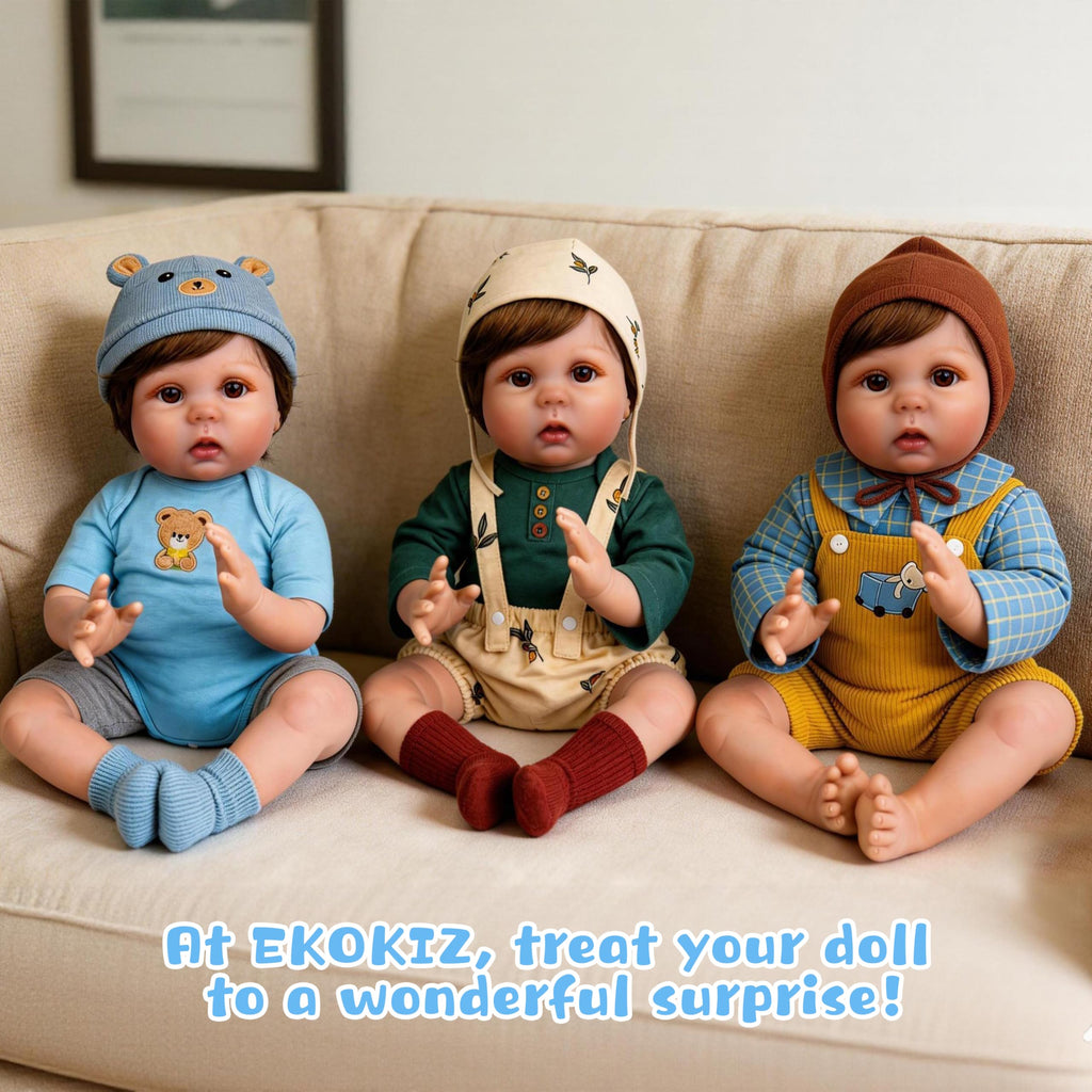 EKOKIZ Blue Bear Pattern Reborn Baby Doll Clothes Set for 20-22 Inch Dolls - Onesie, Hat, Shoes & Shorts