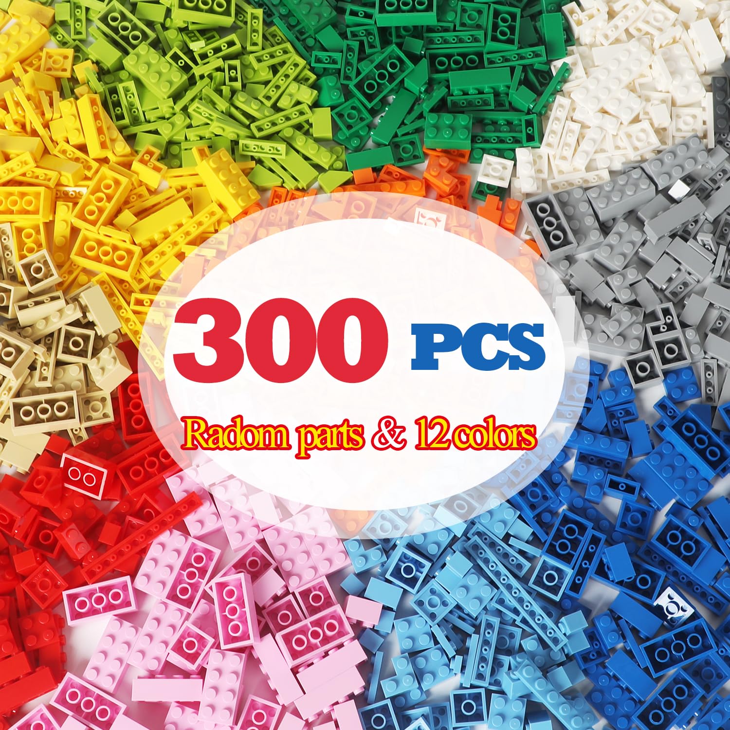 Ekuzi 300 Piece Building Bricks Set – Compatible with Lego Classic, Bulk Basic Blocks in Random Colors, Includes Separator and Storage Bag