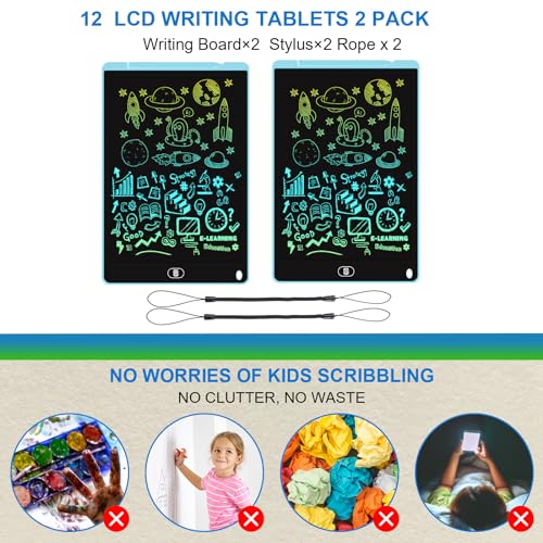Electight 12 Inch LCD Writing Tablet 2-Pack, Blue – Reusable Doodle Board with Lock & Erase, Gift for Kids 3-8
