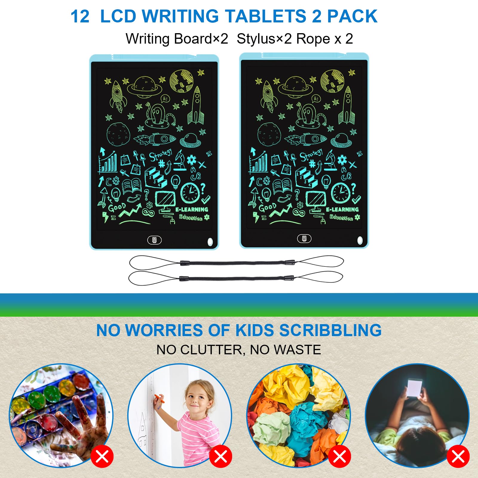 Electight 12 Inch LCD Writing Tablet 2-Pack, Blue – Reusable Doodle Board with Lock & Erase, Gift for Kids 3-8