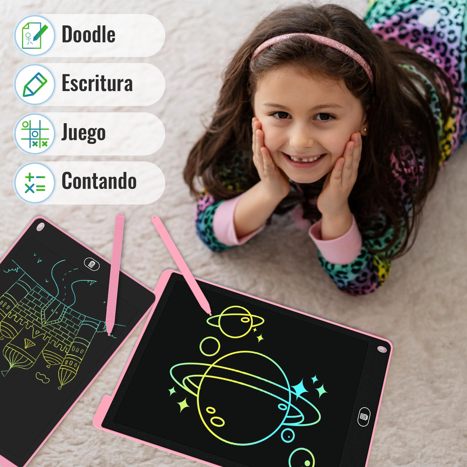 Electight 2-Pack 12-Inch LCD Writing Tablet for Kids – Colorful Doodle Board with Lock & Erase, Eye Protection, Pink