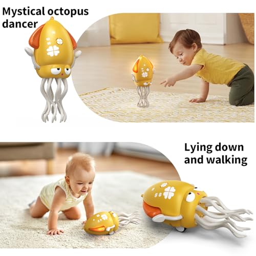 Electric Dancing Octopus Toy for Babies – Crawling, Music & Lights, Rechargeable Sensory Toy, Obstacle Avoidance (Yellow)