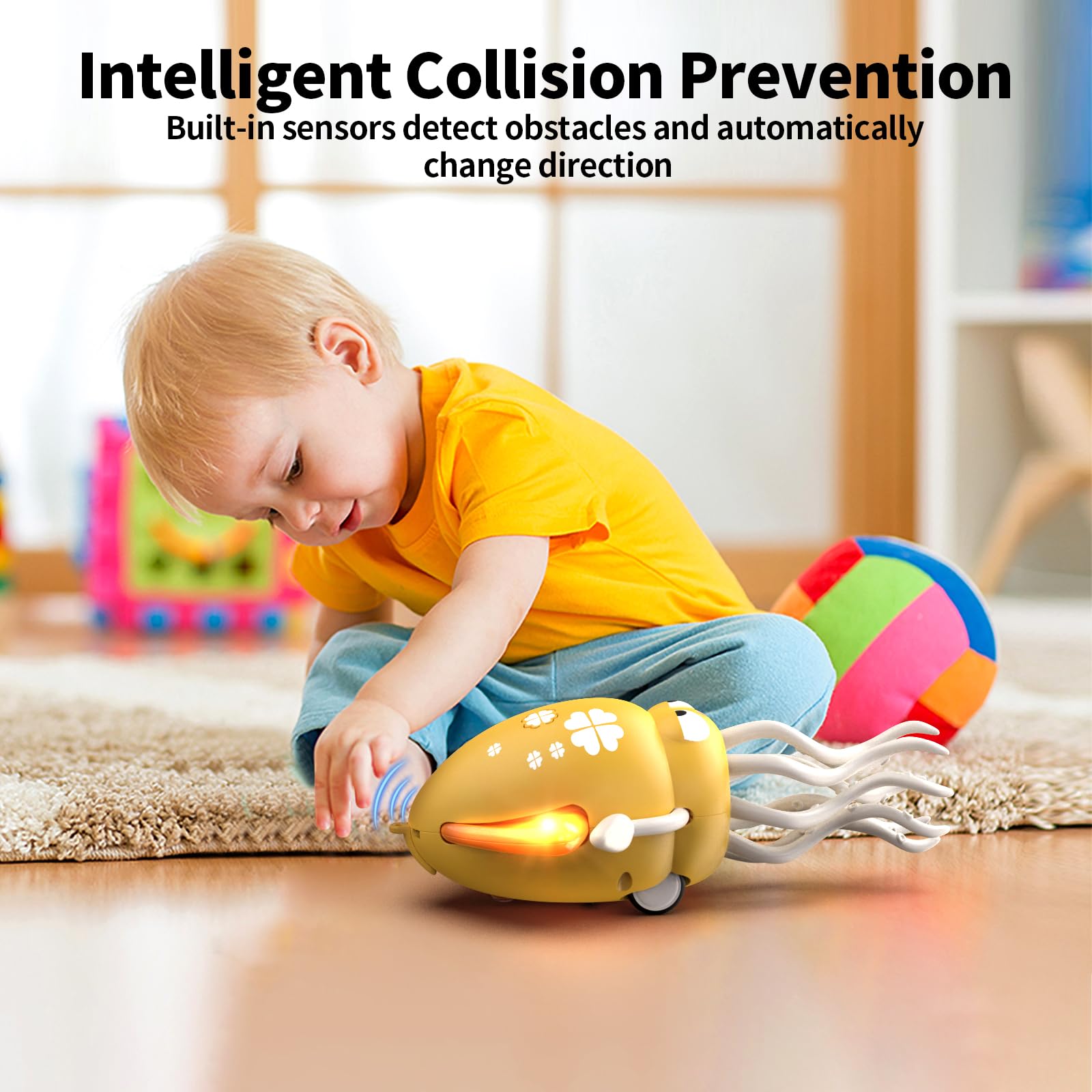 Electric Dancing Octopus Toy for Babies – Crawling, Music & Lights, Rechargeable Sensory Toy, Obstacle Avoidance (Yellow)