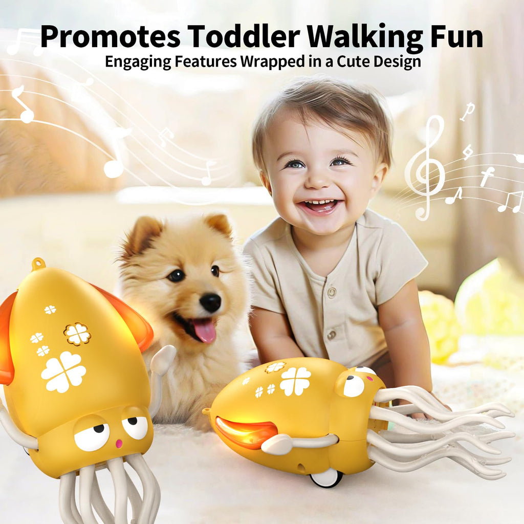 Electric Dancing Octopus Toy for Babies – Crawling, Music & Lights, Rechargeable Sensory Toy, Obstacle Avoidance (Yellow)