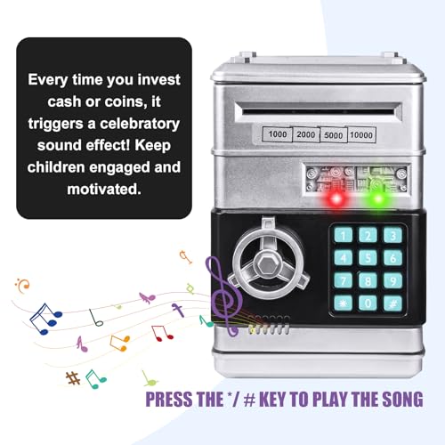 Electronic Piggy Bank for Kids - Password ATM Safe with Auto Coin Roller, Silver (Ages 3-12)