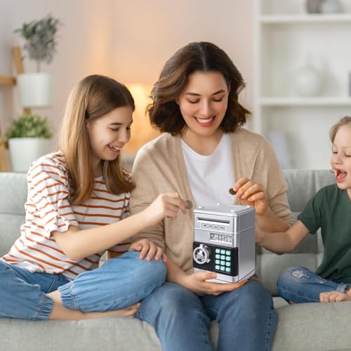 Electronic Piggy Bank for Kids - Password ATM Safe with Auto Coin Roller, Silver (Ages 3-12)