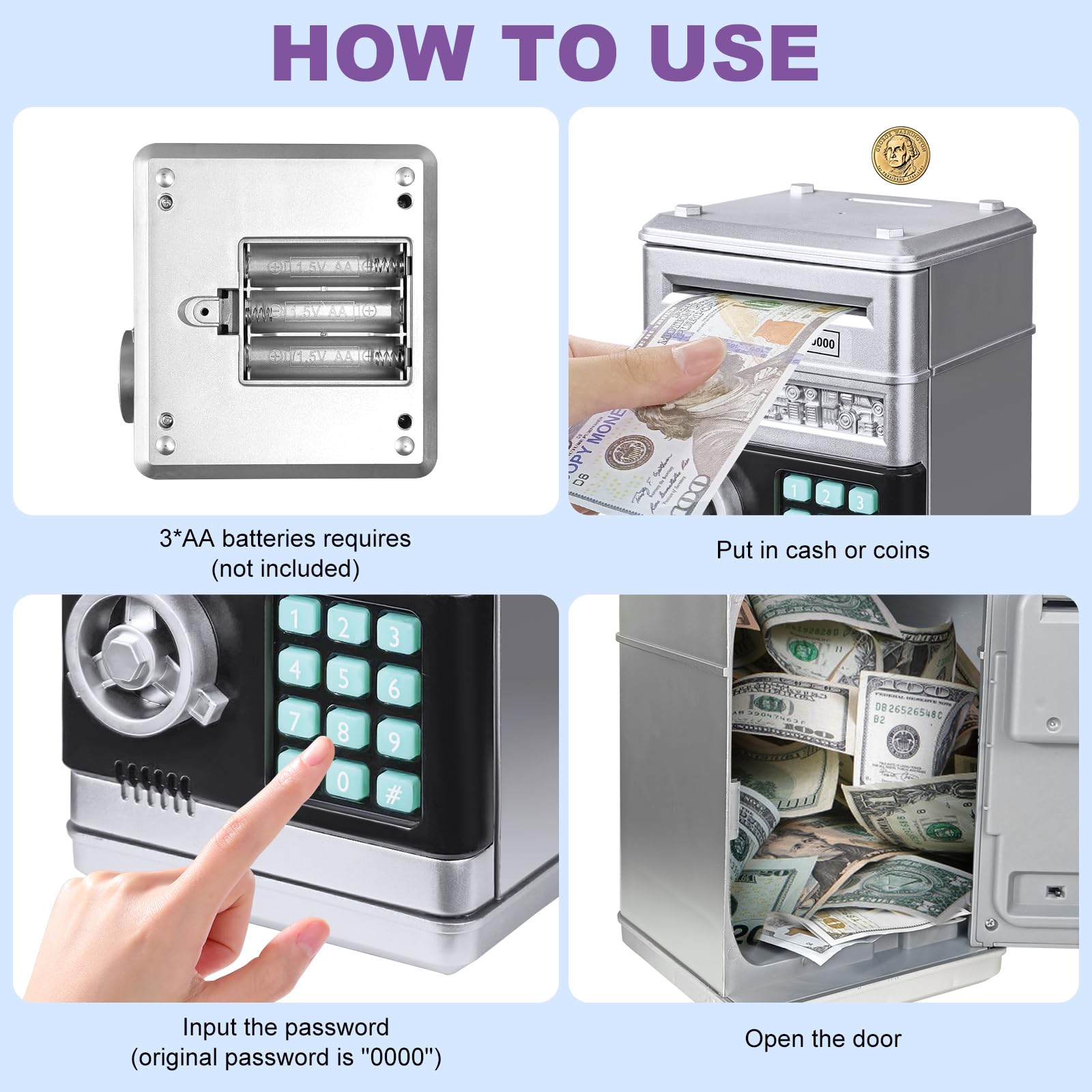 Electronic Piggy Bank for Kids - Password ATM Safe with Auto Coin Roller, Silver (Ages 3-12)