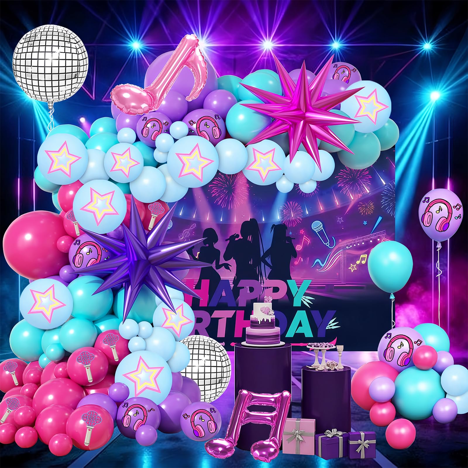 Eleventheart 126-Piece Purple Blue Pink Balloon Arch Kit with Musical Symbols for Music Themed Birthday Party
