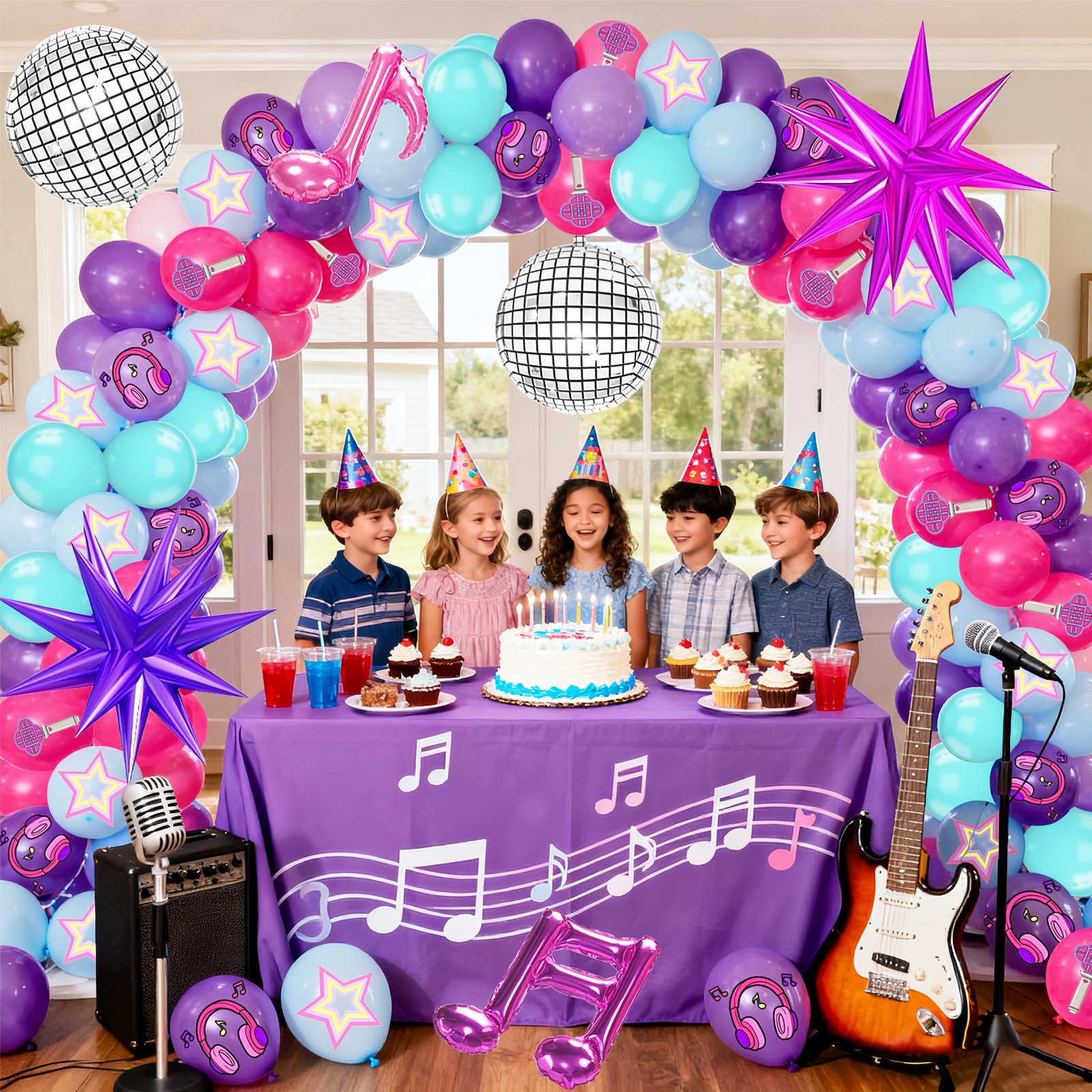 Eleventheart 126-Piece Purple Blue Pink Balloon Arch Kit with Musical Symbols for Music Themed Birthday Party