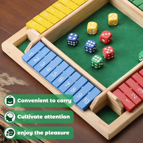 Elfclove Shut The Box Game - Classic Wooden Dice Game for 1-4 Players, 8 Dice, Pine Wood, 8.74 x 8.74 inches, Gift Box