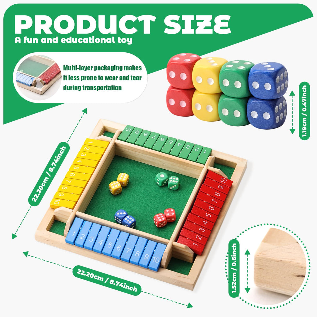 Elfclove Shut The Box Game - Classic Wooden Dice Game for 1-4 Players, 8 Dice, Pine Wood, 8.74 x 8.74 inches, Gift Box