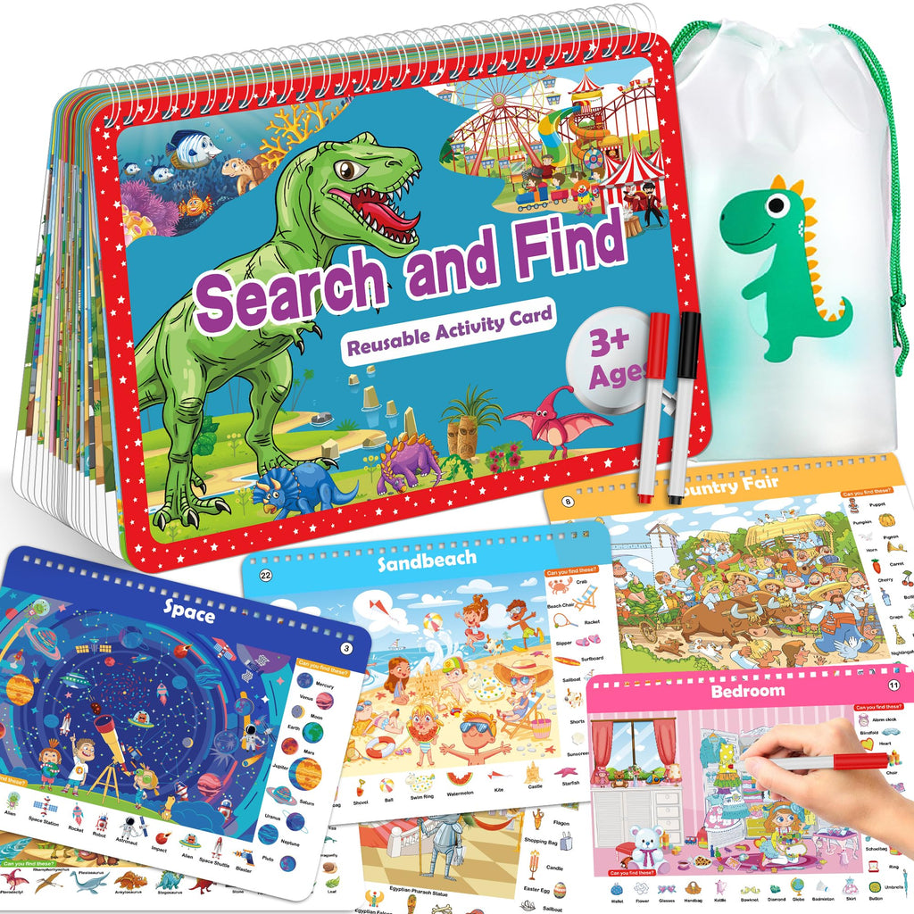 Elfew Search and Find Reusable Activity Book - 24 Themes, Travel Toys for Kids Ages 3-8