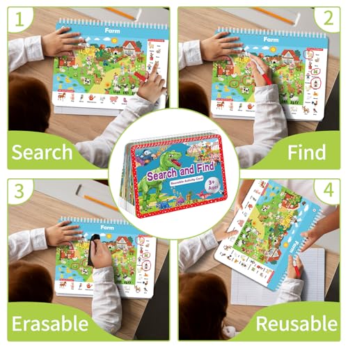 Elfew Search and Find Reusable Activity Book - 24 Themes, Travel Toys for Kids Ages 3-8