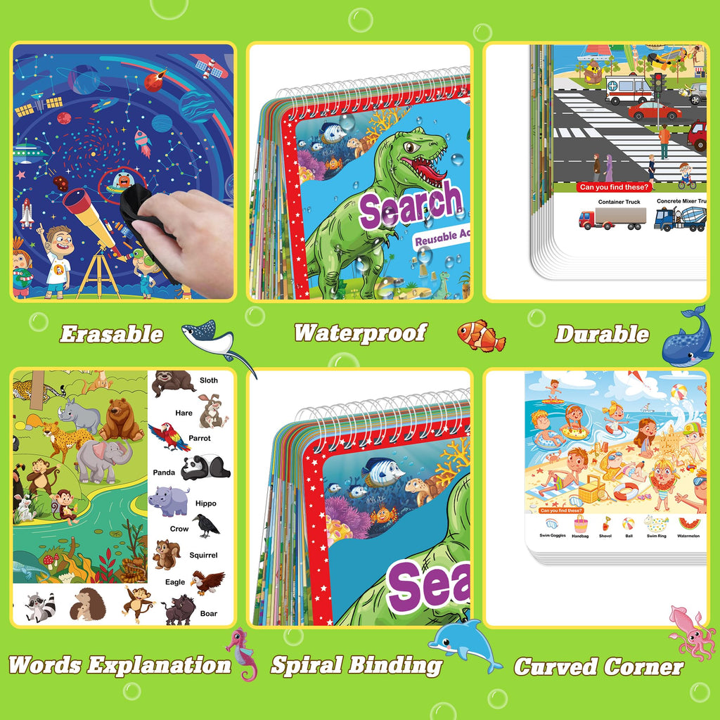 Elfew Search and Find Reusable Activity Book - 24 Themes, Travel Toys for Kids Ages 3-8