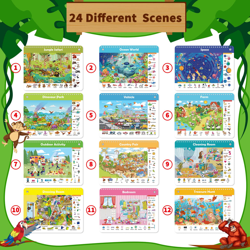 Elfew Search and Find Reusable Activity Book - 24 Themes, Travel Toys for Kids Ages 3-8