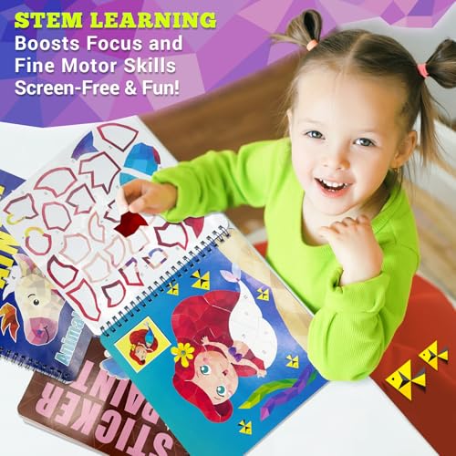 Elite Panda Sticker by Number Books - 3-Pack for Kids Ages 4-8, 30 Pictures, Mermaid Princess Dinosaur, Travel Activity Set