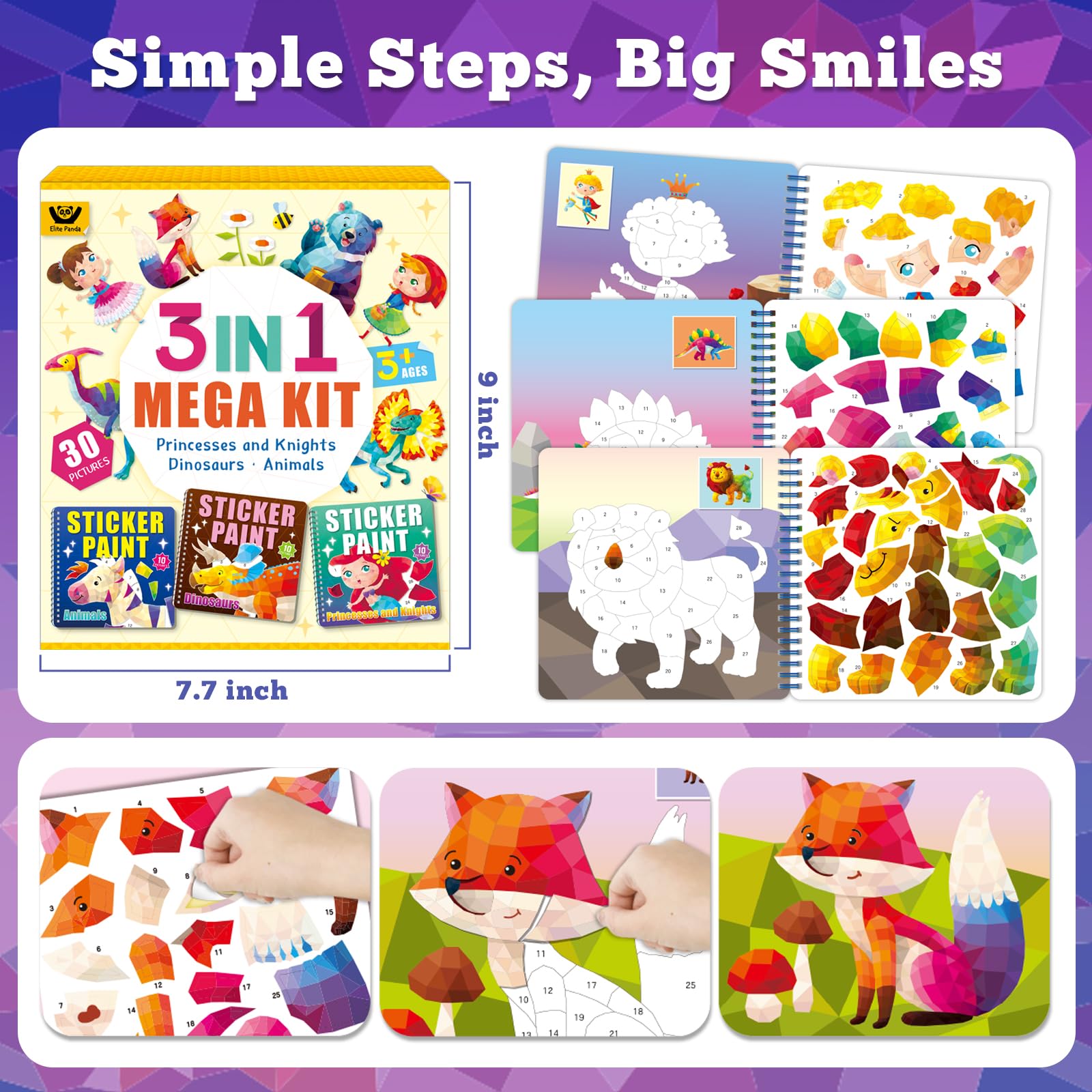 Elite Panda Sticker by Number Books - 3-Pack for Kids Ages 4-8, 30 Pictures, Mermaid Princess Dinosaur, Travel Activity Set