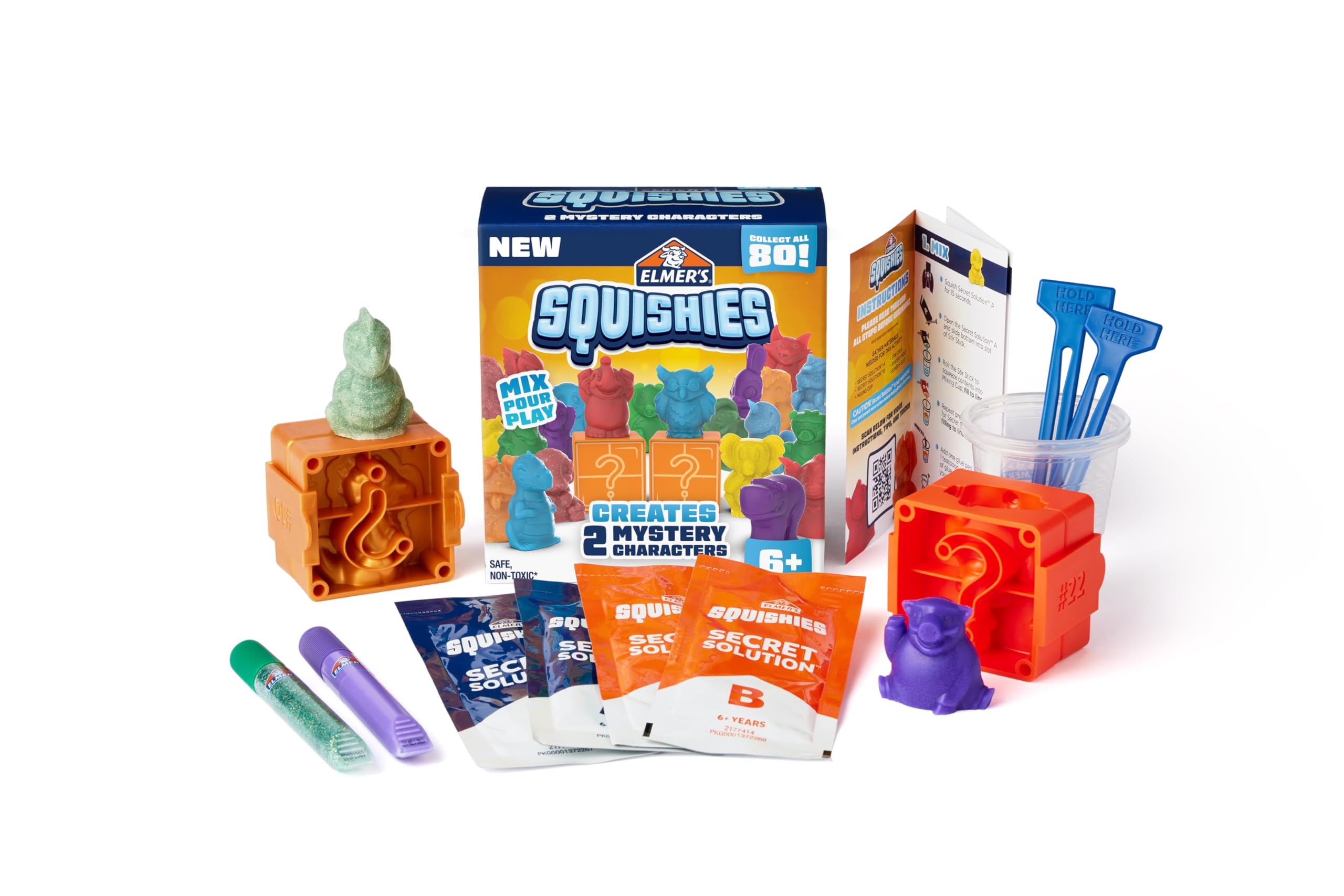 Elmer's Squishies DIY Kit – Make 2 Surprise Squishy Toys, Collect 80 Characters (12 Rare)