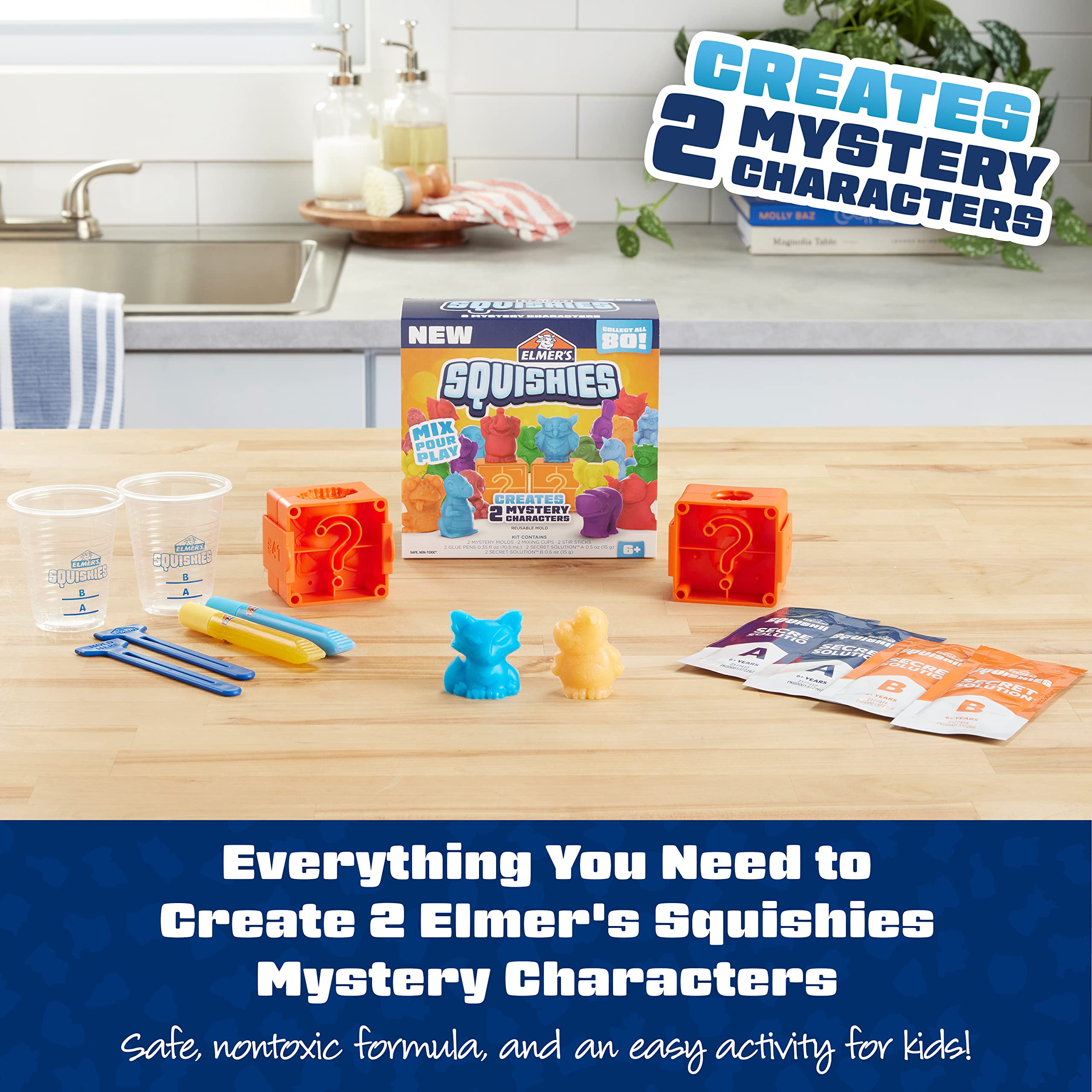 Elmer's Squishies DIY Kit – Make 2 Surprise Squishy Toys, Collect 80 Characters (12 Rare)