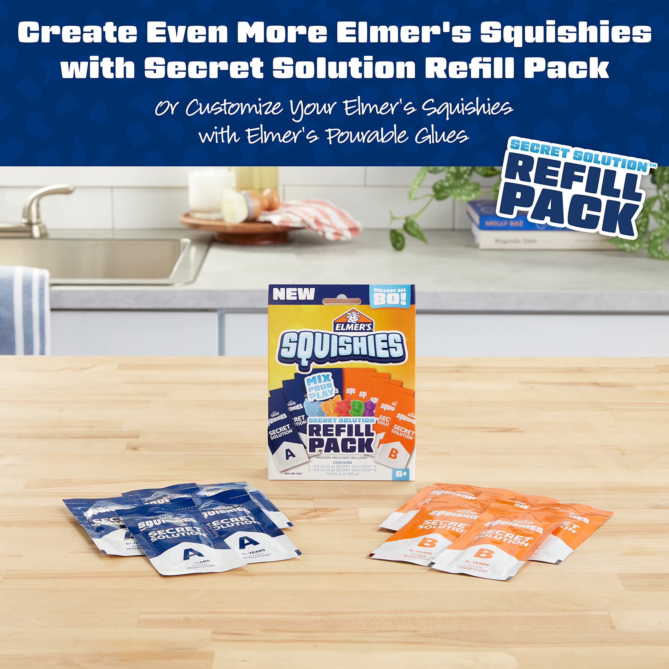 Elmer's Squishies DIY Kit – Make 2 Surprise Squishy Toys, Collect 80 Characters (12 Rare)