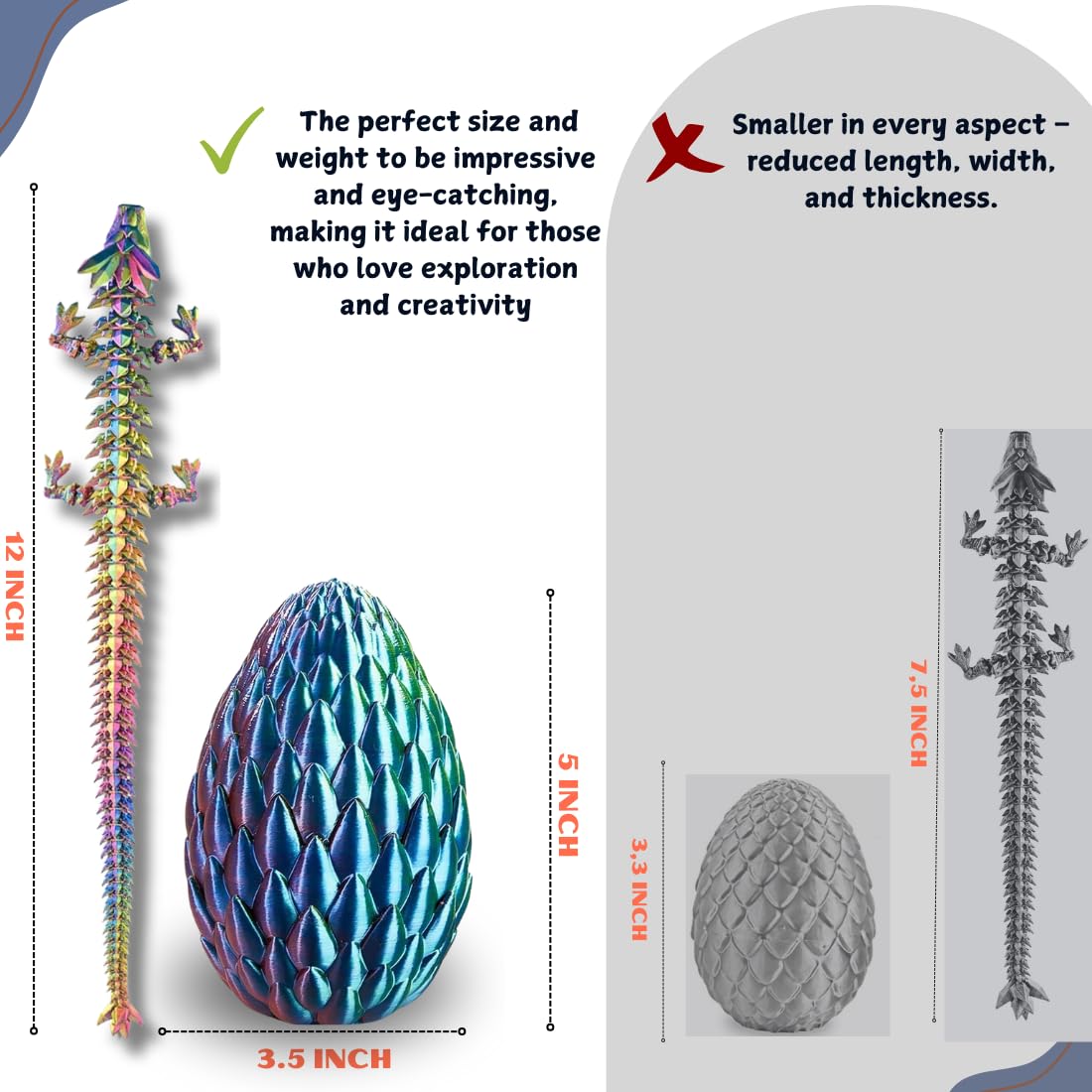 ELORION 12" 3D Printed Articulated Dragon Fidget Toy in 5" Egg – Multicolor Prefilled Dragon Egg for Easter Baskets