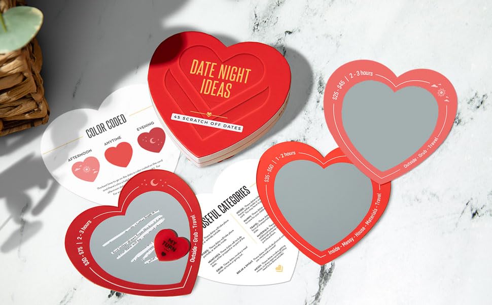 Eluvate Scratch Off Date Night Ideas - 45 Romantic Couple Cards with Heart Coin for Anniversary, Birthday or Wedding Gifts
