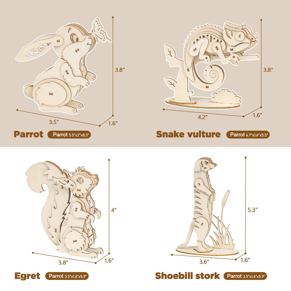 ELX 3D Wooden Animal Puzzles – 4 Piece Set for Kids 6+ (Squirrel, Rabbit, Mongoose, Chameleon) – No Glue or Tools Needed