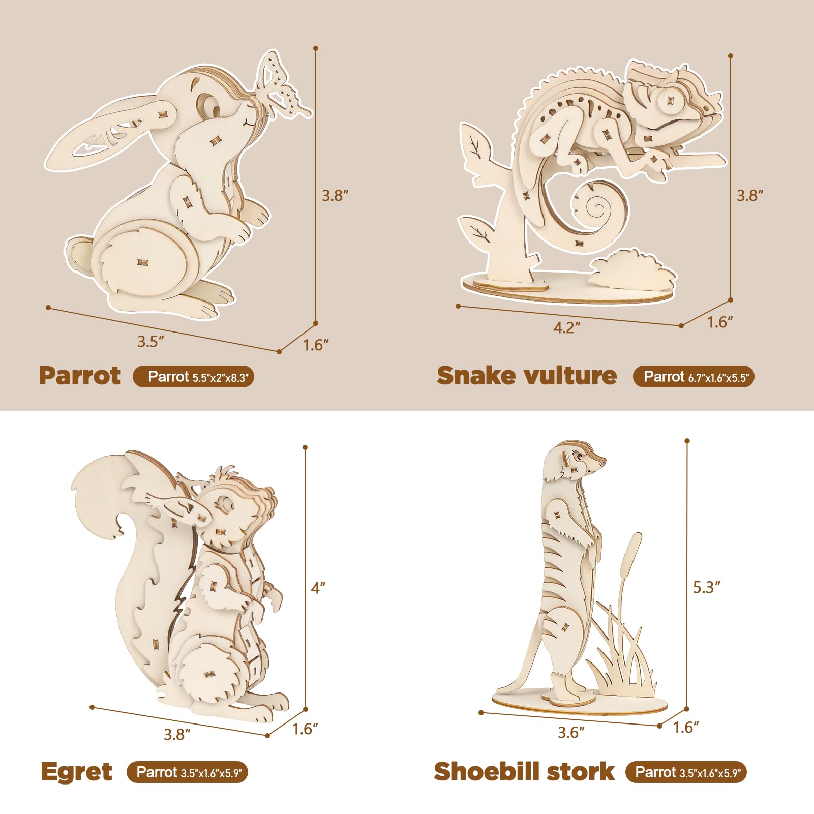 ELX 3D Wooden Animal Puzzles – 4 Piece Set for Kids 6+ (Squirrel, Rabbit, Mongoose, Chameleon) – No Glue or Tools Needed