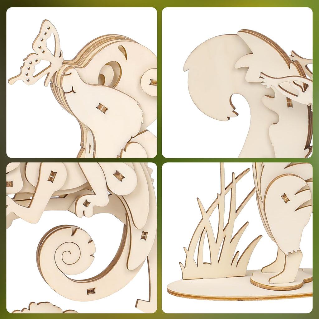 ELX 3D Wooden Animal Puzzles – 4 Piece Set for Kids 6+ (Squirrel, Rabbit, Mongoose, Chameleon) – No Glue or Tools Needed