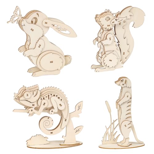ELX 3D Wooden Animal Puzzles – 4 Piece Set for Kids 6+ (Squirrel, Rabbit, Mongoose, Chameleon) – No Glue or Tools Needed