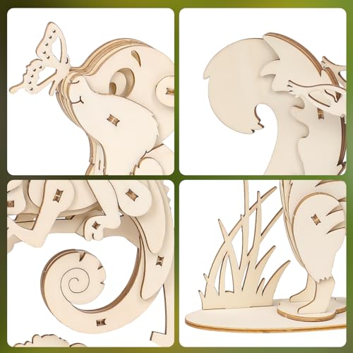 ELX 3D Wooden Animal Puzzles – 4 Piece Set for Kids 6+ (Squirrel, Rabbit, Mongoose, Chameleon) – No Glue or Tools Needed