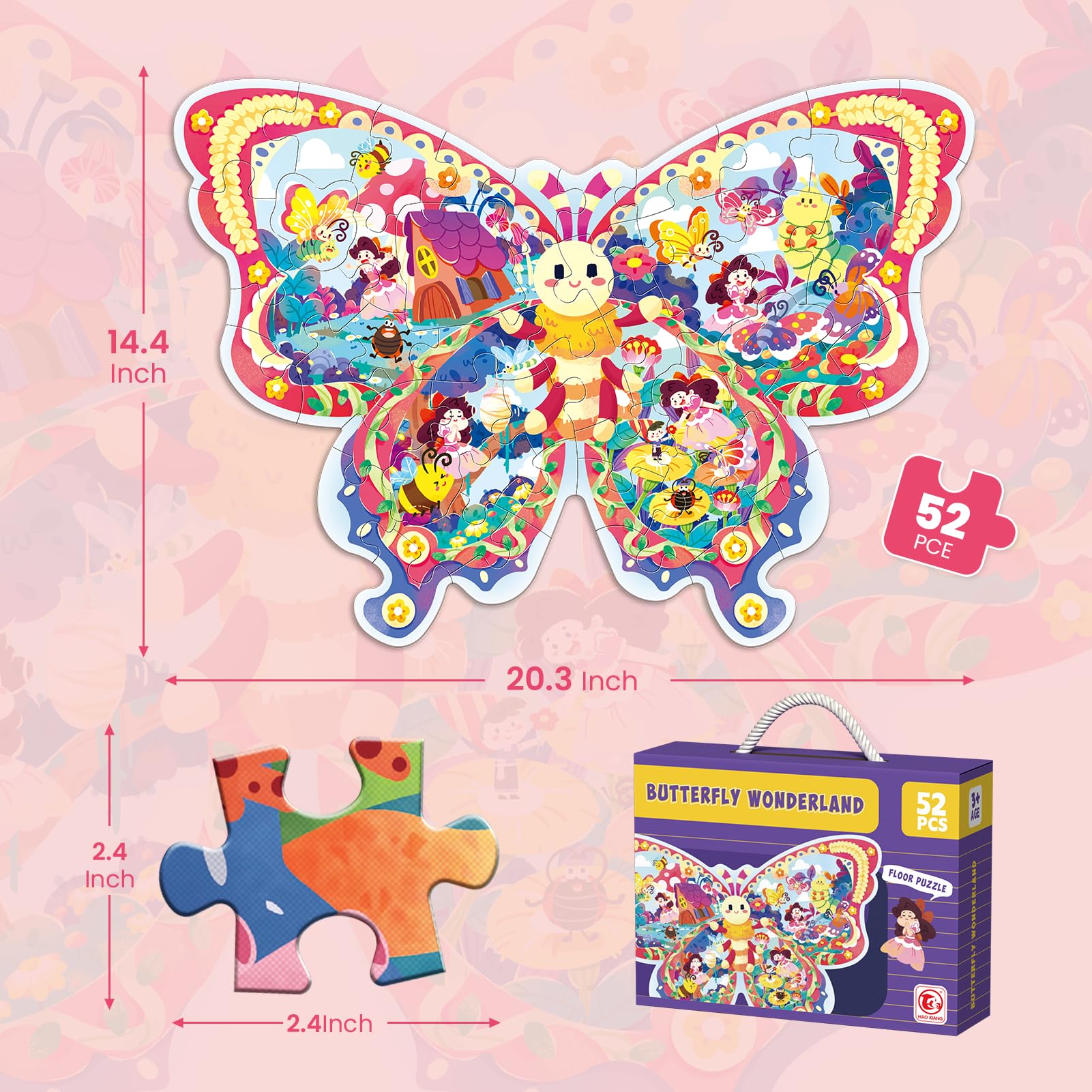 ELX 52 Piece Butterfly Jigsaw Puzzle for Kids 3+ - Large Floor Puzzle with Storage Box