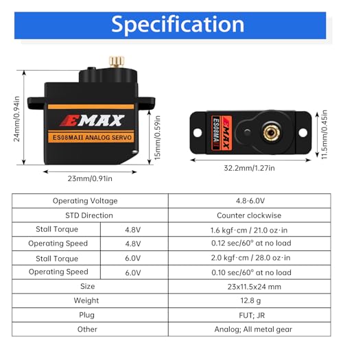 EMAX ES08MA II Micro Servo 12g Metal Gear Analog - for RC Models, Robot Arm, STEM, Raspberry Pi Projects