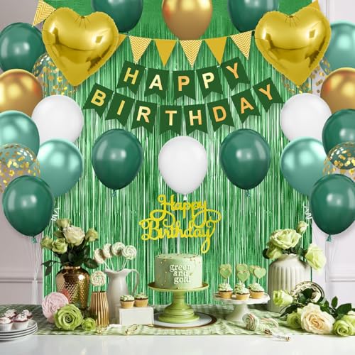 Emerald Green and Gold Birthday Decorations Kit – 30 Balloons, Happy Birthday Banner, 2m Fringe Curtain, Heart Foil Balloons by Adorely