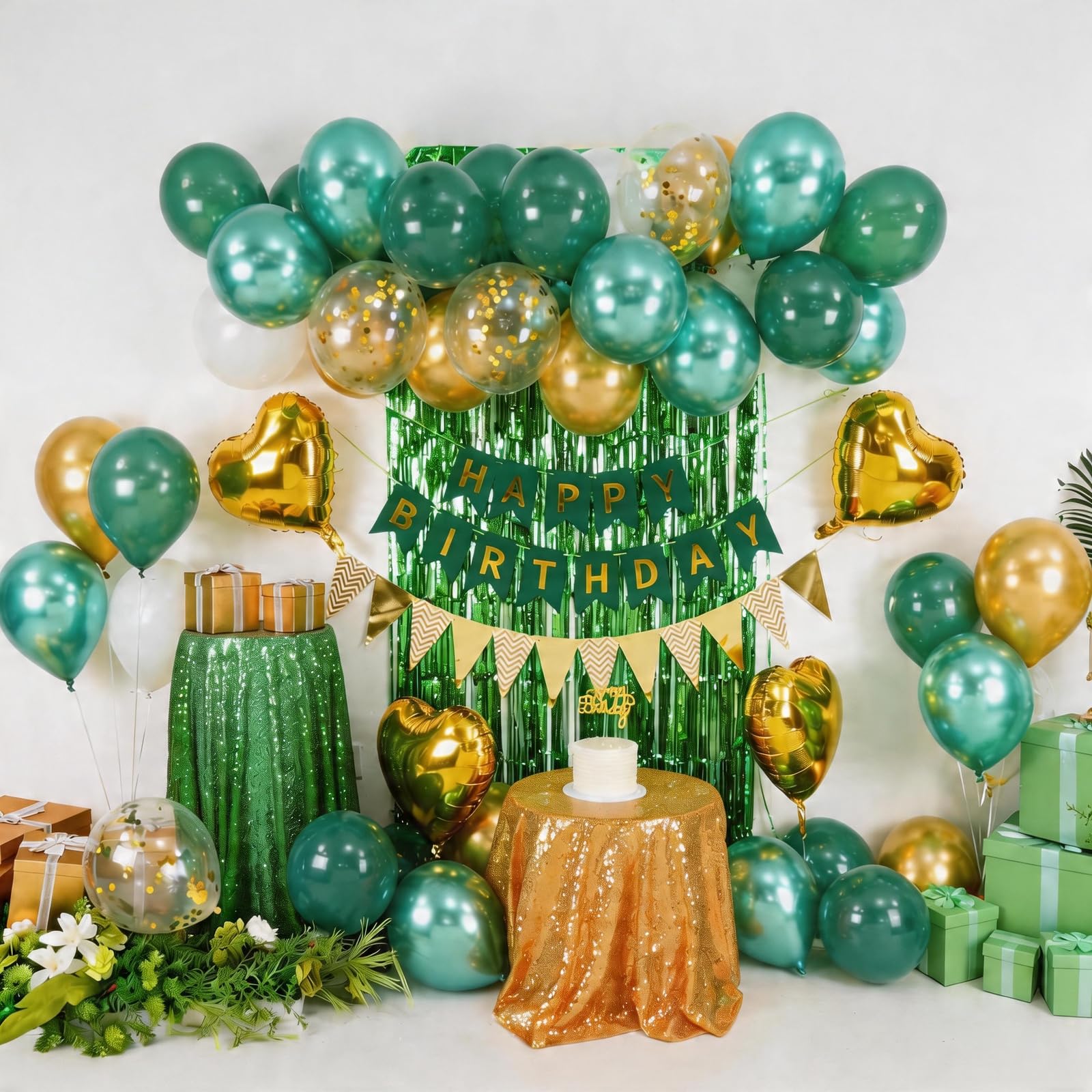 Emerald Green and Gold Birthday Decorations Kit – 30 Balloons, Happy Birthday Banner, 2m Fringe Curtain, Heart Foil Balloons by Adorely