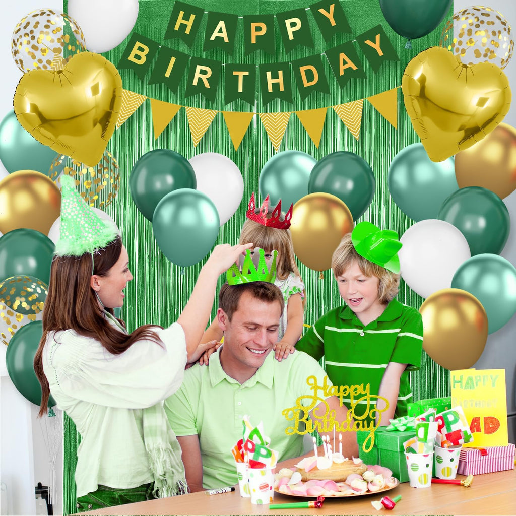 Emerald Green and Gold Birthday Decorations Kit – 30 Balloons, Happy Birthday Banner, 2m Fringe Curtain, Heart Foil Balloons by Adorely