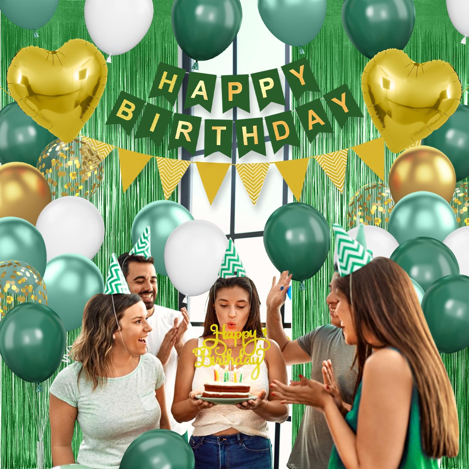 Emerald Green and Gold Birthday Decorations Kit – 30 Balloons, Happy Birthday Banner, 2m Fringe Curtain, Heart Foil Balloons by Adorely