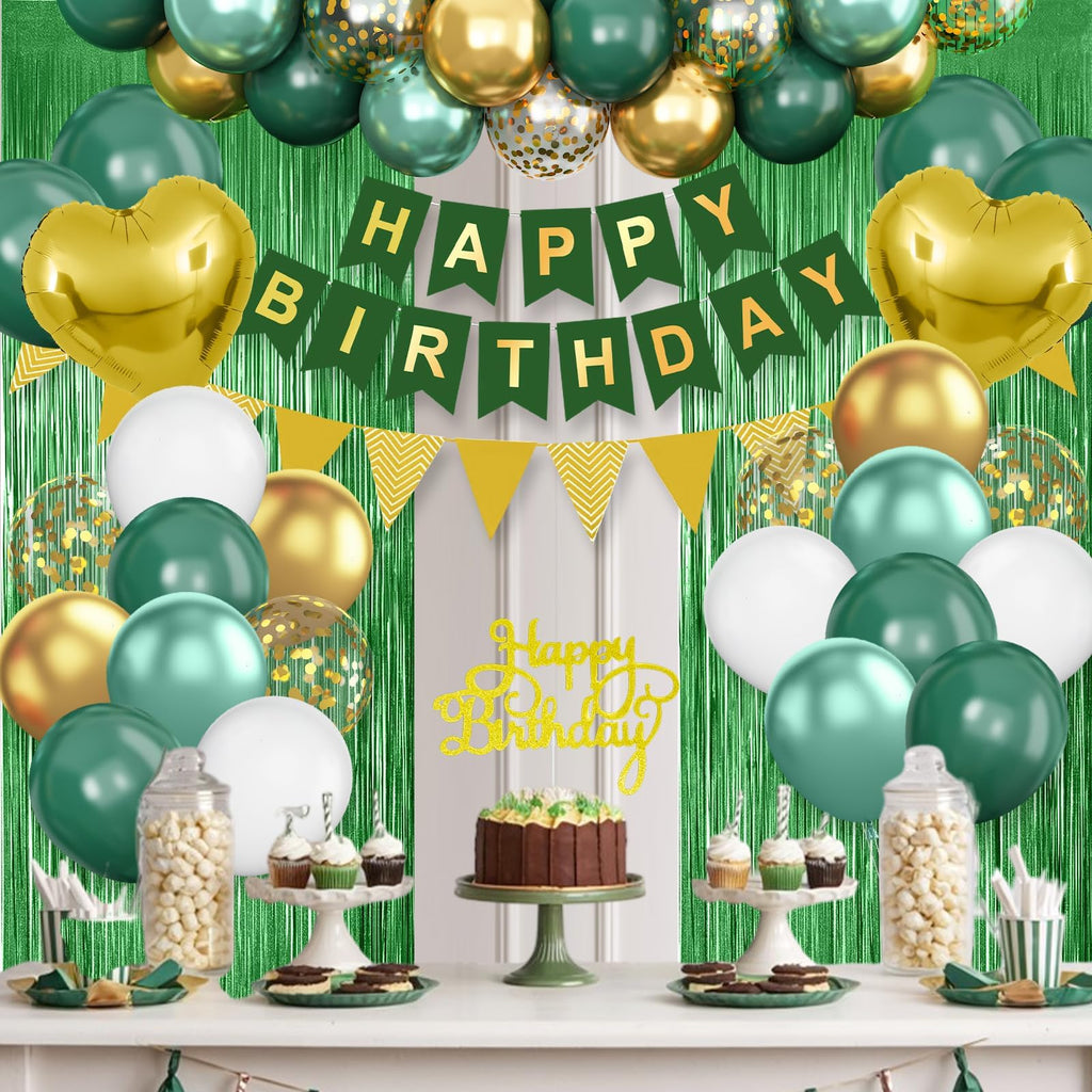 Emerald Green and Gold Birthday Decorations Kit – 30 Balloons, Happy Birthday Banner, 2m Fringe Curtain, Heart Foil Balloons by Adorely