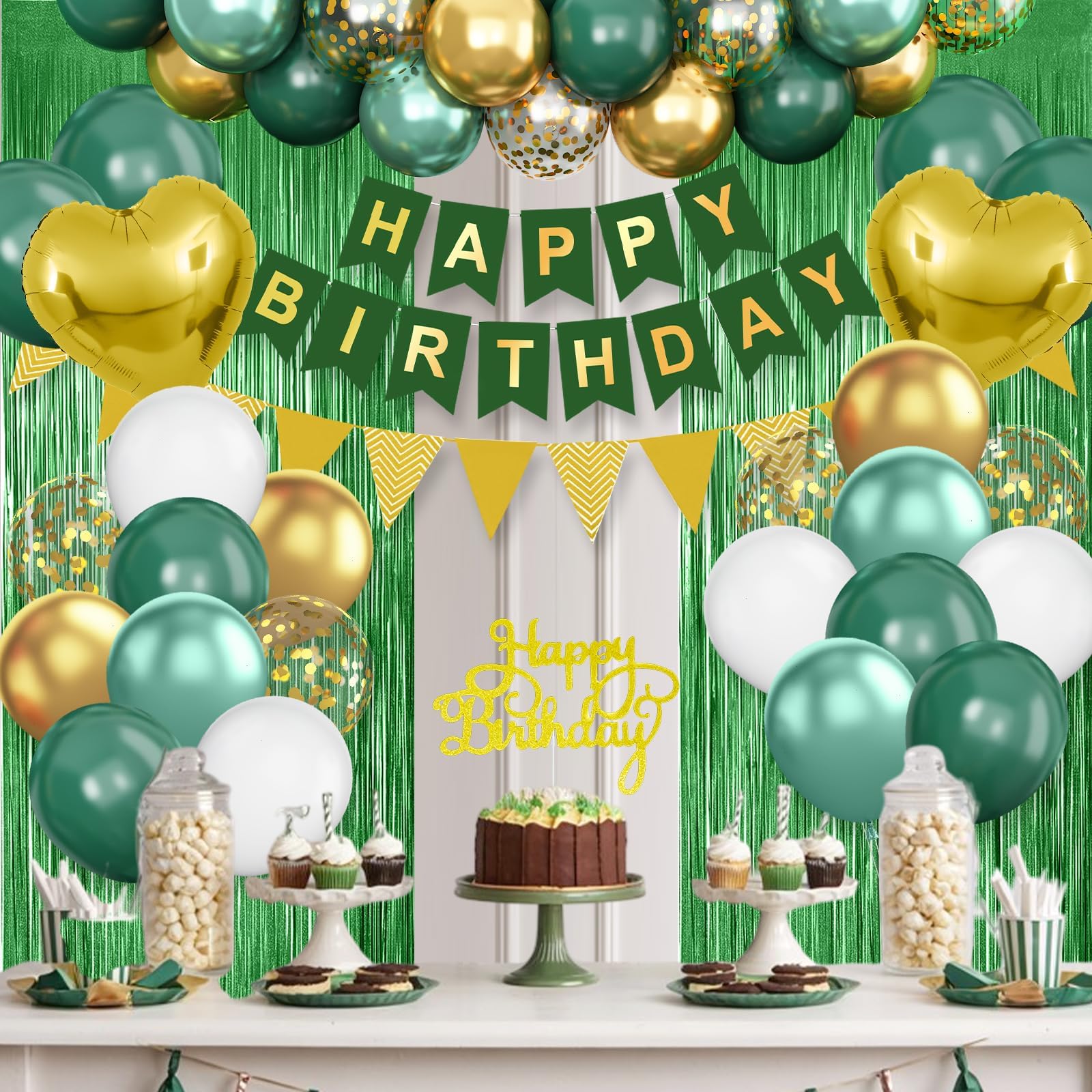 Emerald Green and Gold Birthday Decorations Kit – 30 Balloons, Happy Birthday Banner, 2m Fringe Curtain, Heart Foil Balloons by Adorely