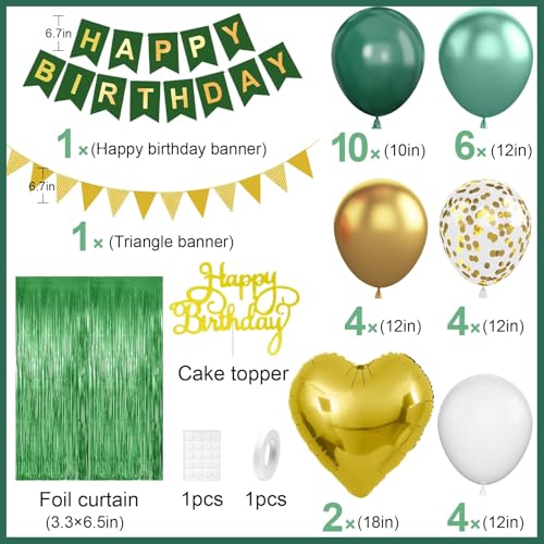 Emerald Green and Gold Birthday Decorations Kit – 30 Balloons, Happy Birthday Banner, 2m Fringe Curtain, Heart Foil Balloons by Adorely