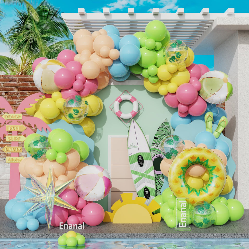 Enanal 162-Piece Tropical Pool Party Balloon Set – Pastel Latex & Foil Balloons with Beach Ball, Swimming Ring, and Arch Accessories