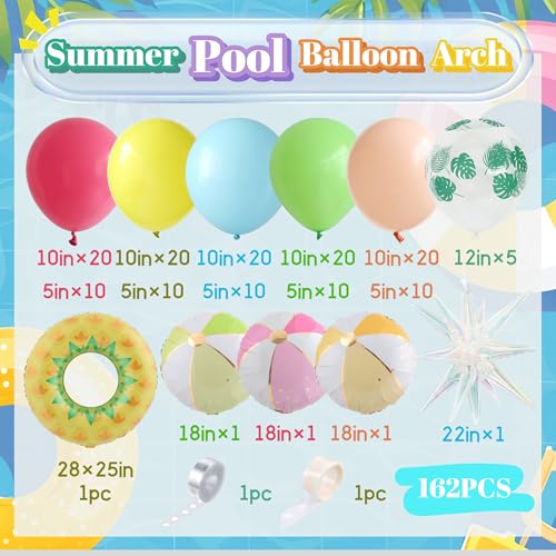 Enanal 162-Piece Tropical Pool Party Balloon Set – Pastel Latex & Foil Balloons with Beach Ball, Swimming Ring, and Arch Accessories