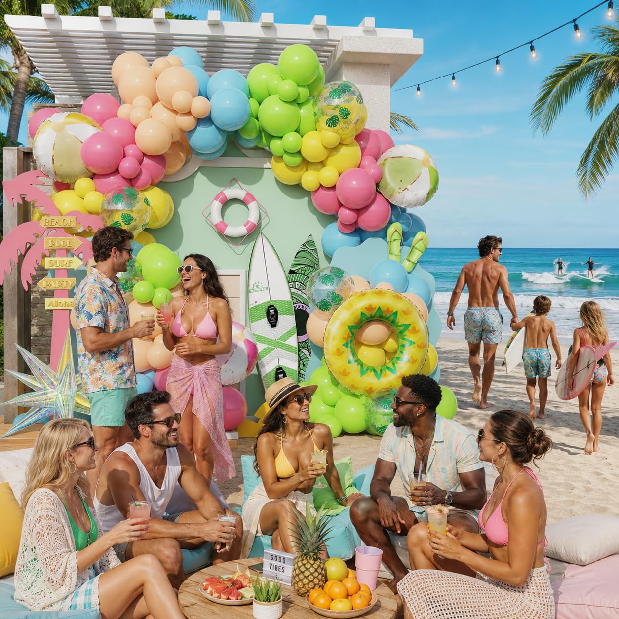 Enanal 162-Piece Tropical Pool Party Balloon Set – Pastel Latex & Foil Balloons with Beach Ball, Swimming Ring, and Arch Accessories